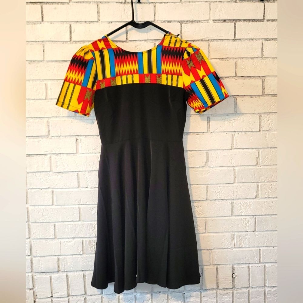 NWT Hongyu Amy Colorful African Kente Print Black Mini Dress, Women's Size S